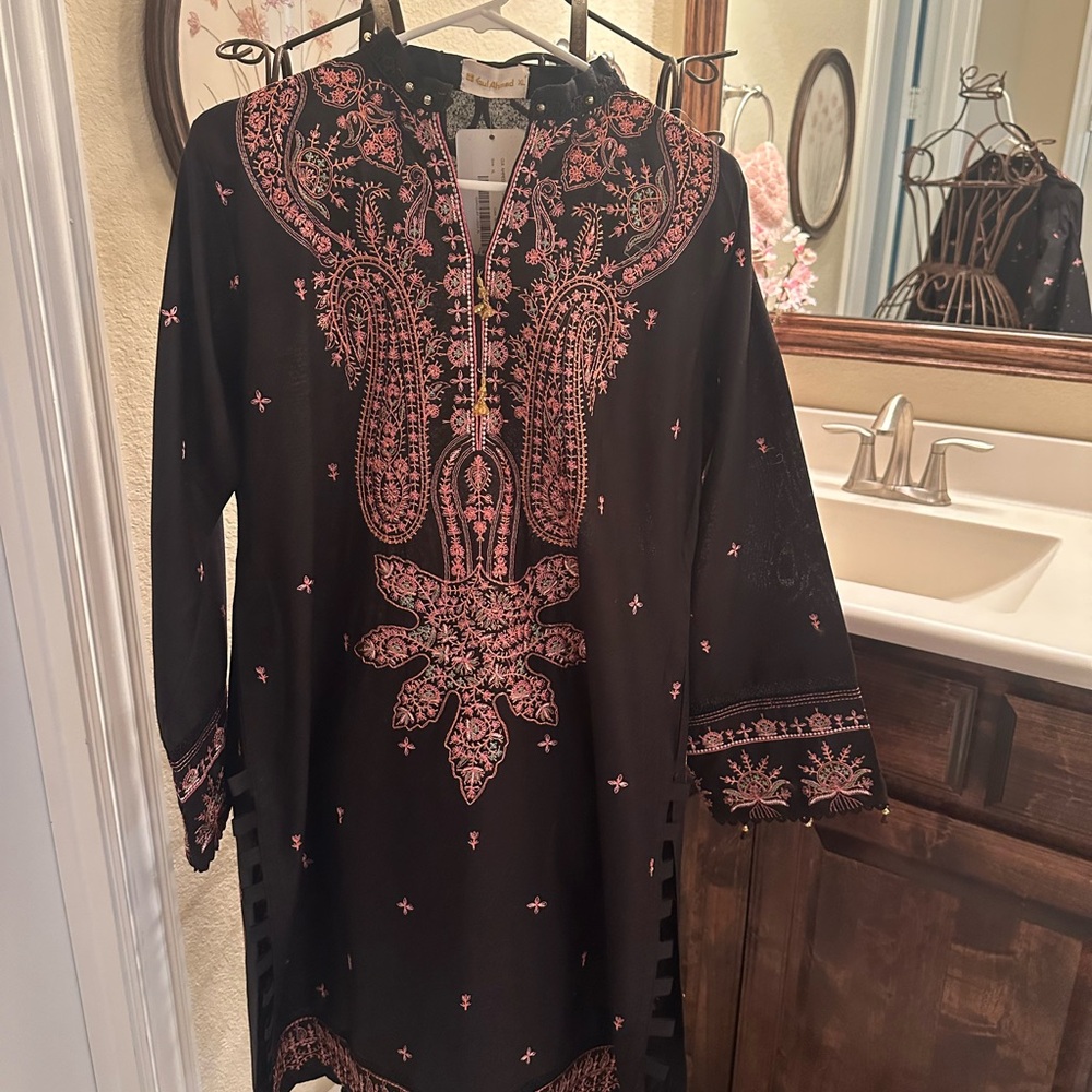 Black Tunic with Pink Embroidery - Kurta Trouser - NWT